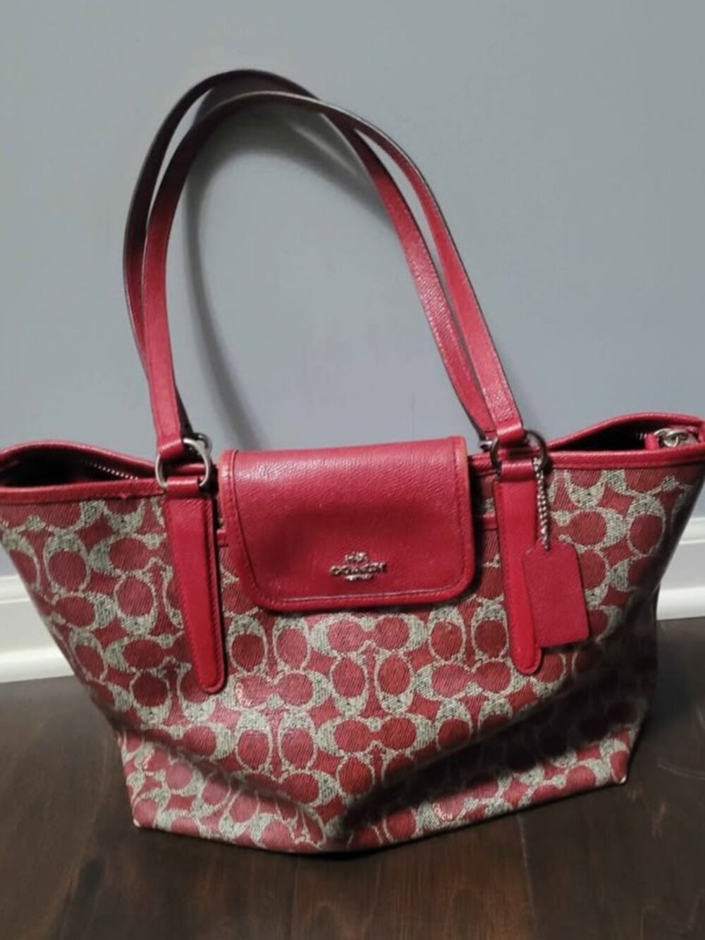 Red Purse Canvas Material Tote Shoulder Bag Womens Used Good Condition